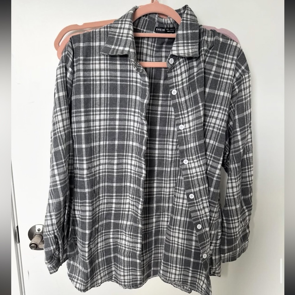 SHEIN Gray and White Plaid Shirt